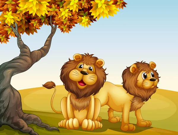 Un grand arbre avec deux lions — Image vectorielle