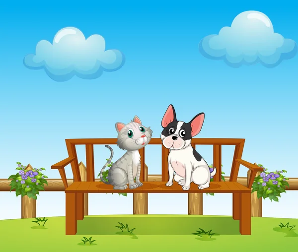 A cat and a dog at the bench — Stock Vector