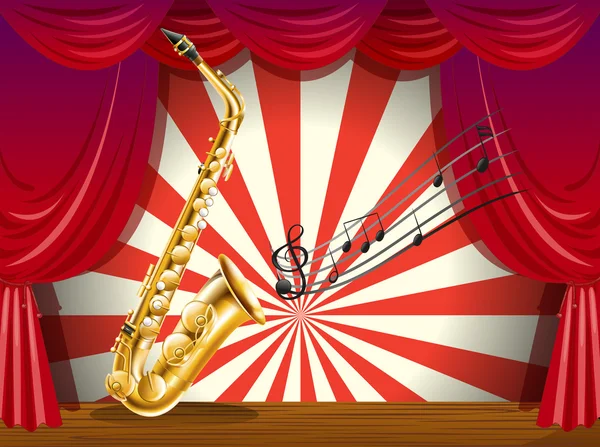 Een saxofoon en de muzieknoten stadium — Stockvector