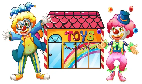 Deux clowns devant un magasin de jouets — Image vectorielle