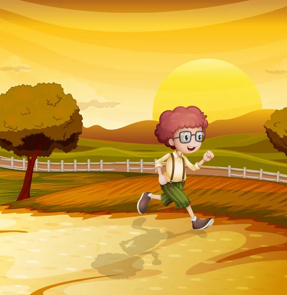 Ένα απόγευμα θέα με ένα νεαρό αγόρι που τρέχει — Διανυσματικό Αρχείο