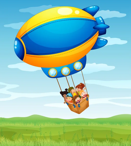 A stripe airship carrying a group of kids — Stock Vector