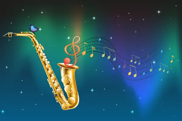 Saxofone com borboleta e notas musicais — Vetor de Stock