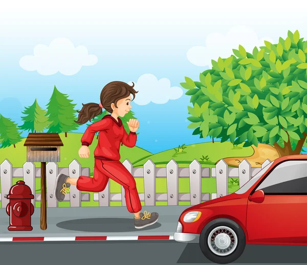 一个女孩红色外套和裤子运行 — 图库矢量图片