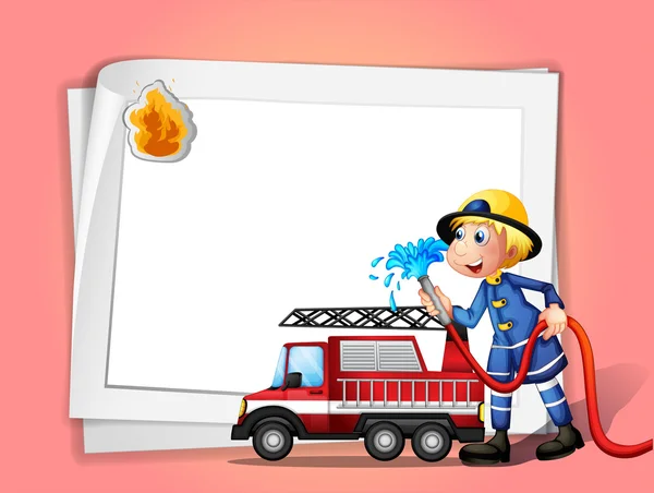 A fireman with a water hose and a truck — Stock Vector