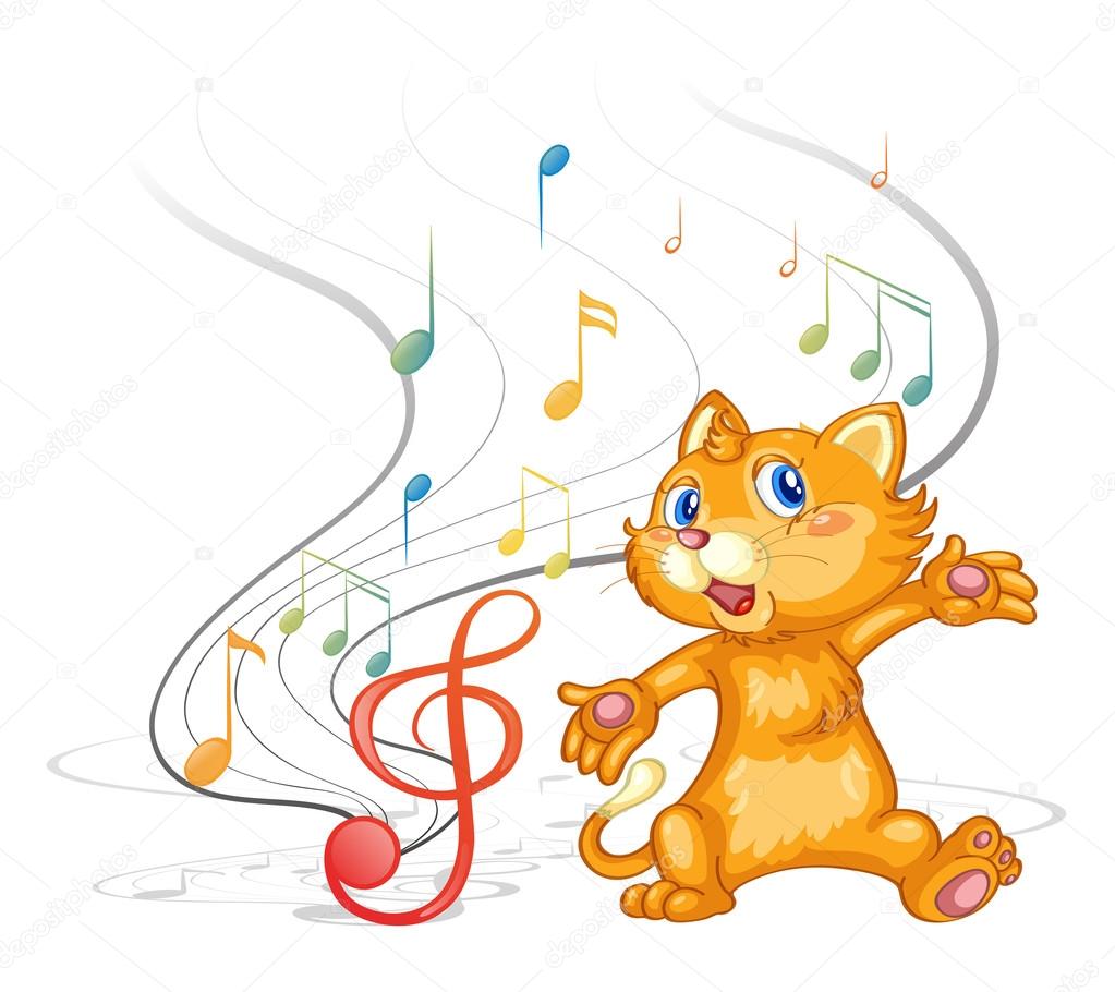 A dancing cat with musical symbols