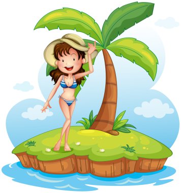 bir Hindistan cevizi ağacı önünde şapkalı bir bikini giyen bir kız