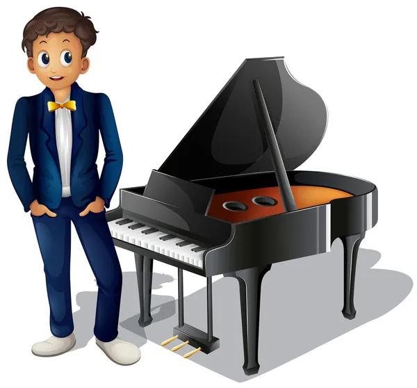 Un chico al lado del piano — Vector de stock