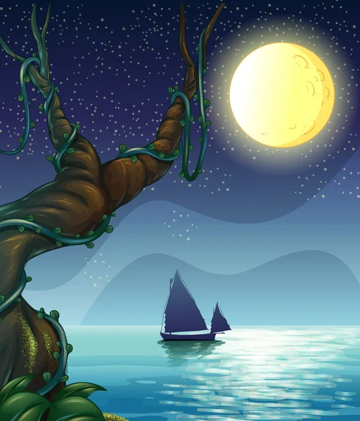 Лодка, плывущая посреди ночи — стоковый вектор