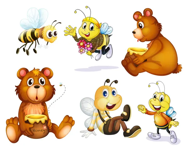 Two bears and four bees — Stock Vector