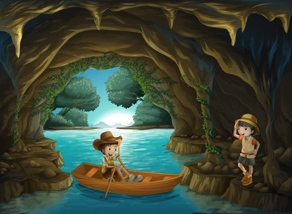 一个女孩和一个男孩在山洞里 — 图库矢量图片