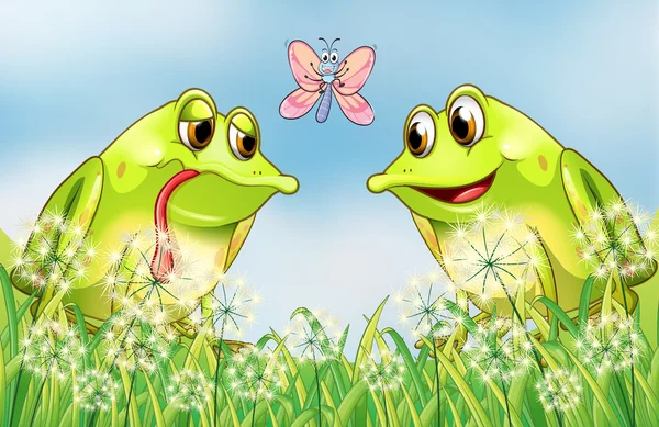 The two frogs and the butterfly — Stock Vector