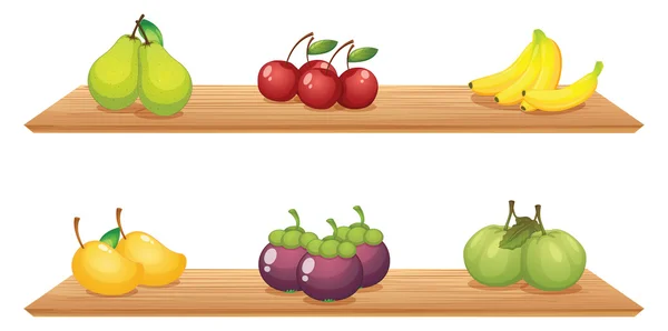 Seis tipos diferentes de frutas en los estantes de madera — Vector de stock