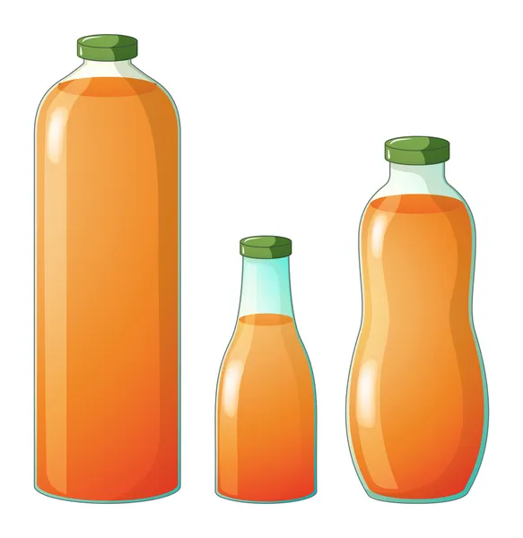 Três tamanhos diferentes de garrafas com suco de laranja — Vetor de Stock