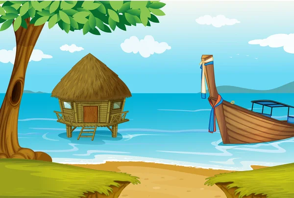 Una playa con una casa de campo y un barco de madera — Vector de stock