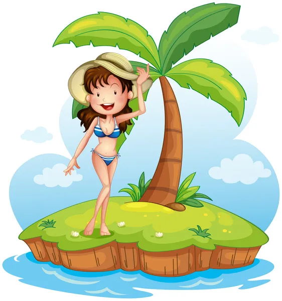 Una chica con bikini y sombrero delante de un cocotero — Vector de stock