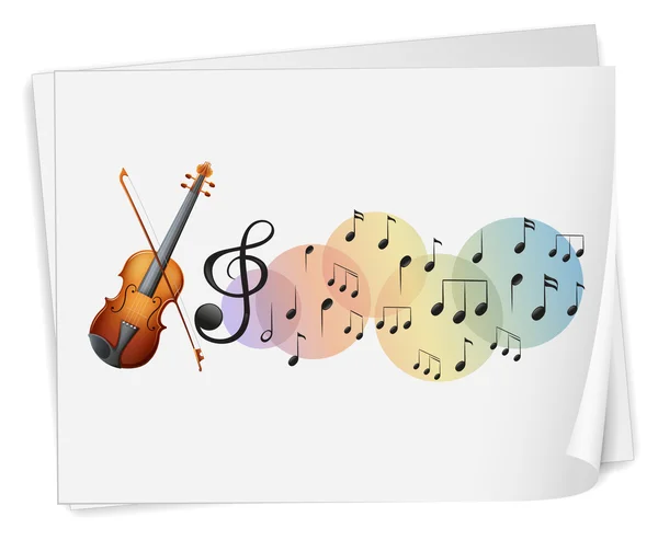 Un violín impreso en un papel con notas musicales — Vector de stock