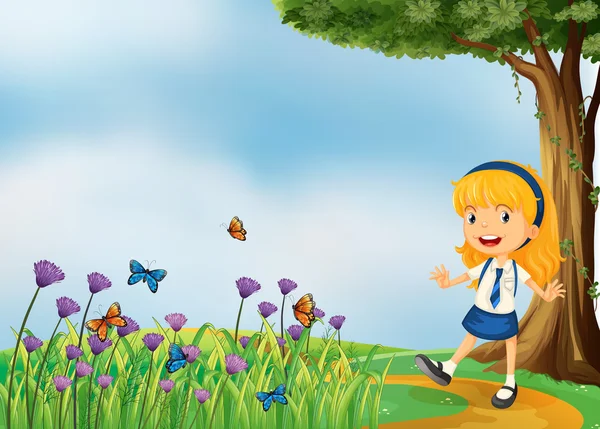 A young school girl in the garden with butterflies — Stock Vector