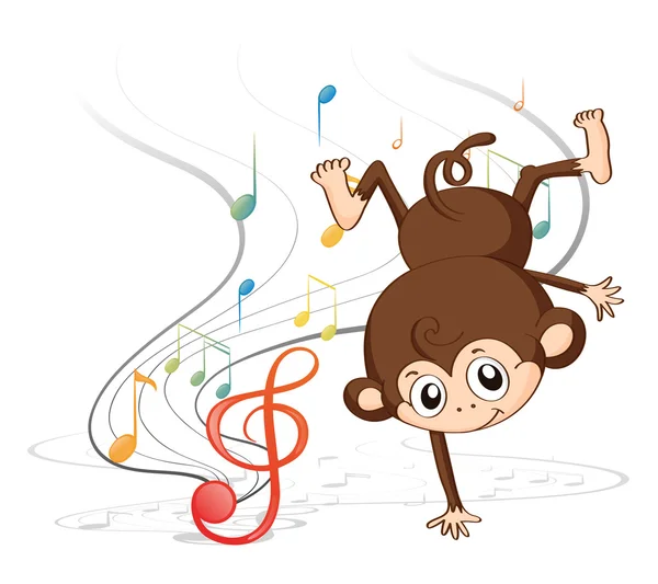 Un mono bailando con notas musicales — Vector de stock