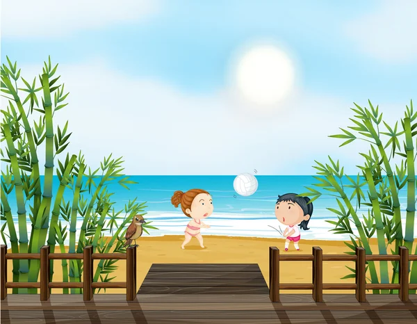 Two young girls playing volleyball at the beach — Stock Vector