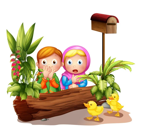 The two girls and the ducklings near the mailbox — Stock Vector
