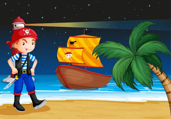 Пират на берегу моря с пиратской лодкой — стоковый вектор