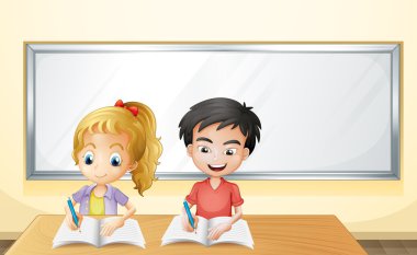 bir erkek ve bir kız önünde boş bir beyaz tahta