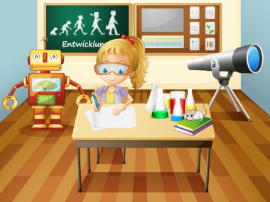 Bilim Laboratuvarı oda içinde yazılı bir kız