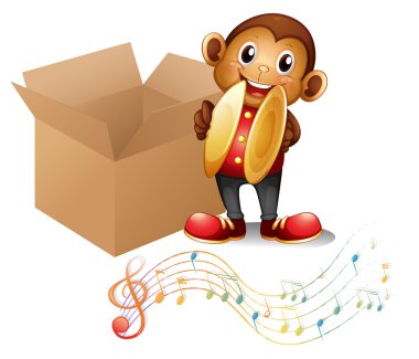 A monkey with cymbals beside a box with musical notes clipart