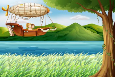 iki kız taşıyan Nehri yakınında bir zeplin