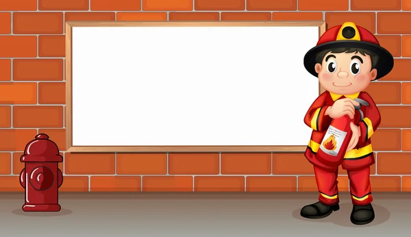 En brandman med en brandsläckare framför en tom kartong — Stock vektor
