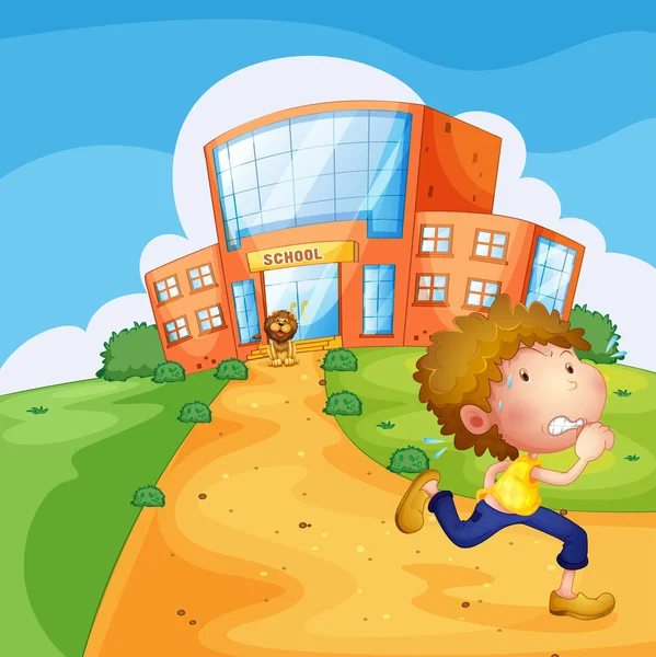 Un niño corriendo y un león cerca de la escuela — Vector de stock