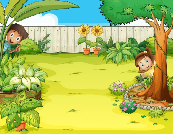 Ein Junge und ein Mädchen, die sich im Garten verstecken — Stockvektor