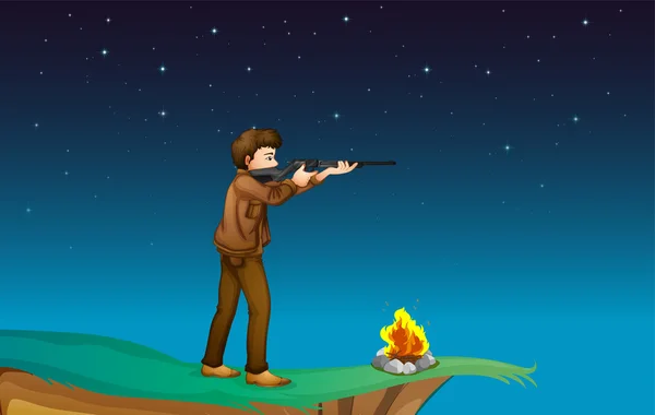 Un chico con un arma en el acantilado con una fogata — Vector de stock