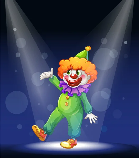 A clown at the center of the stage with a spotlight — Stock Vector