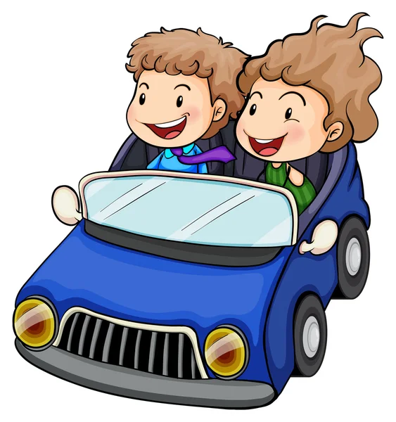 Um menino e uma menina montando um carro — Vetor de Stock
