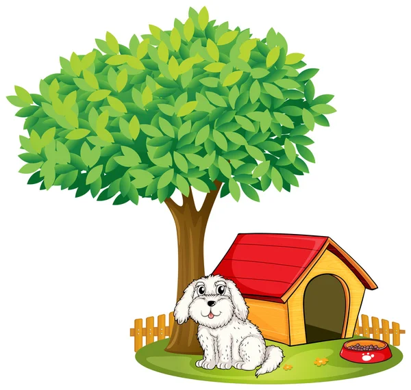 A white puppy beside a doghouse under a big tree — Stock Vector