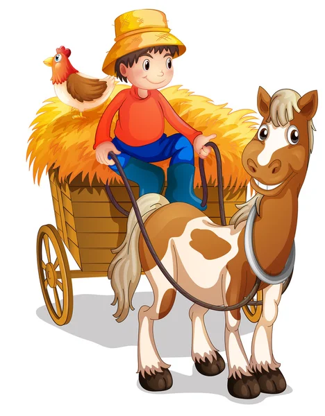 A farmer riding a cart with a chicken at his back — Stock Vector