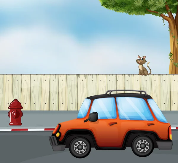 Araba yolun ve bir kedi çit yukarıda — Stok Vektör