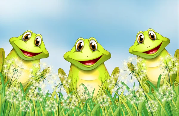 Tre rane felici in giardino — Vettoriale Stock