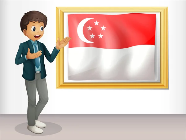 A boy pointing at the Singaporean flag — Stock Vector