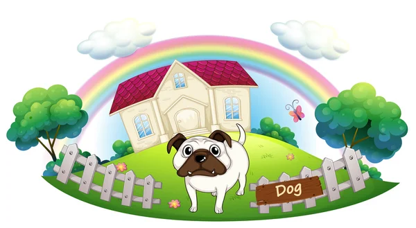 A white bulldog inside the fence with a house at the back — Stock Vector