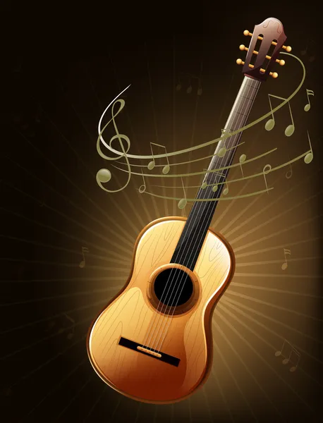 Une guitare brune avec des notes musicales — Image vectorielle