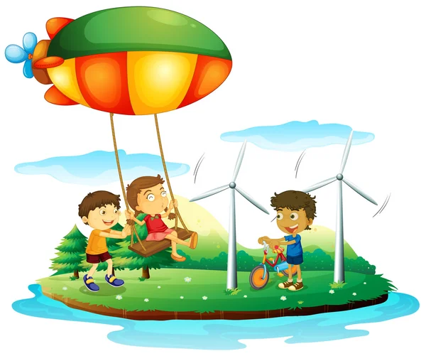 Three children playing at the park — Stock Vector