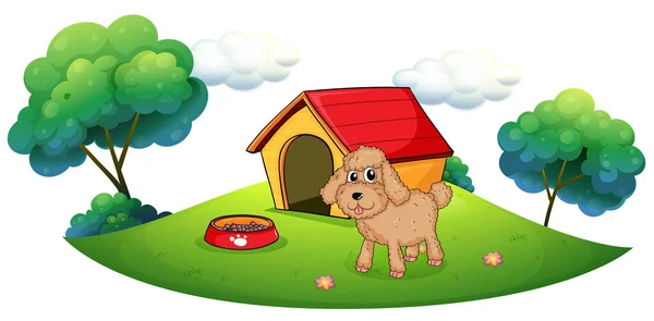A brown puppy playing ouside the dog house — Stock Vector