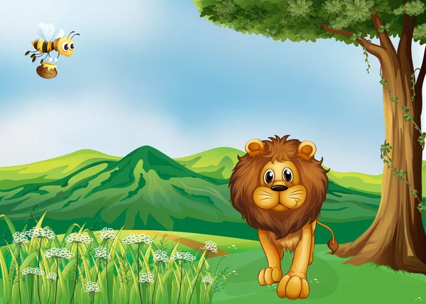 Un león y una abeja voladora en las colinas — Vector de stock