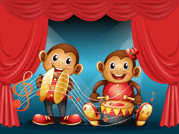 Two monkeys performing at the stage — Stock Vector