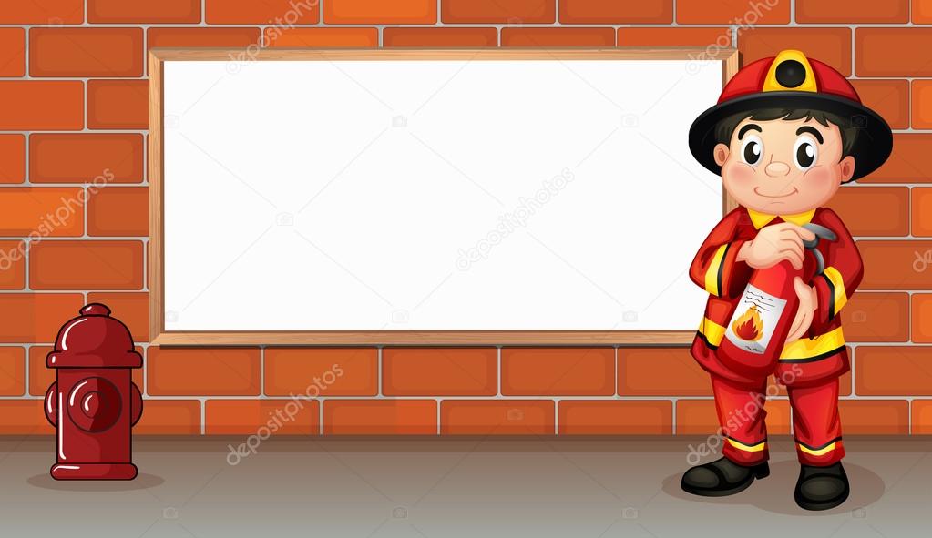 A fireman with a fire extinguisher in front of an empty board