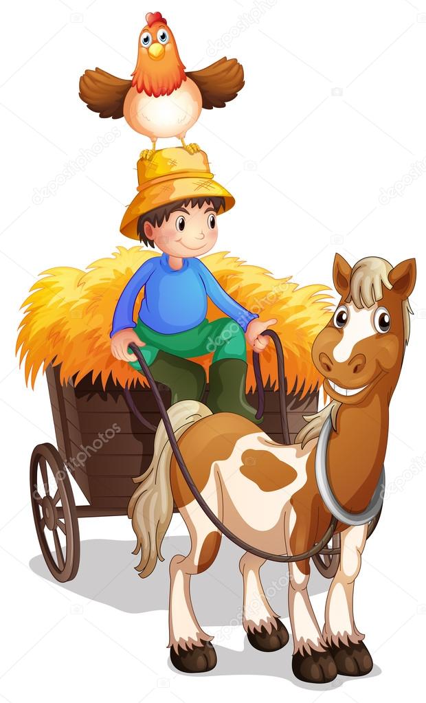 A farmer riding a cart with a chicken above his head