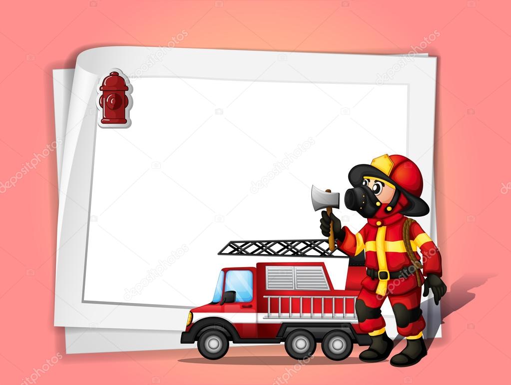 A fireman holding an ax beside his fire truck with a white blank